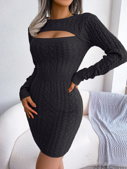 VigoCasey 2025 Blue Casual Short Knit Dress Autumn Winter Women Long Sleeve Dress Sexy Lady Solid Hollow Bodycon Knitted Dresses