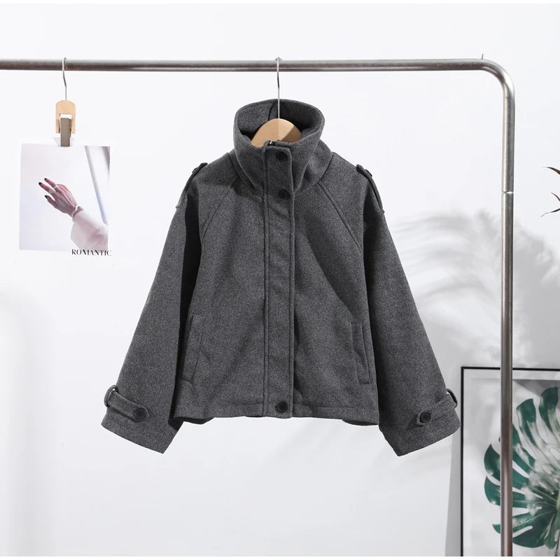 Casual Solid Loose Jackets Women Fashion Full Sleeve Single Breasted Stand Collar Short Coats Female 2025 Autumn Lady Outwears