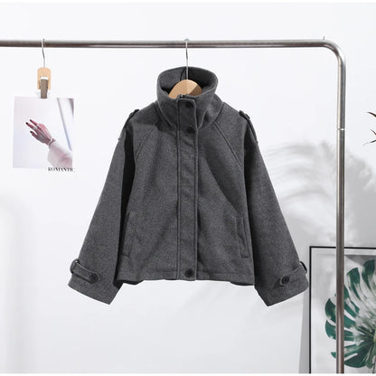 Casual Solid Loose Jackets Women Fashion Full Sleeve Single Breasted Stand Collar Short Coats Female 2025 Autumn Lady Outwears