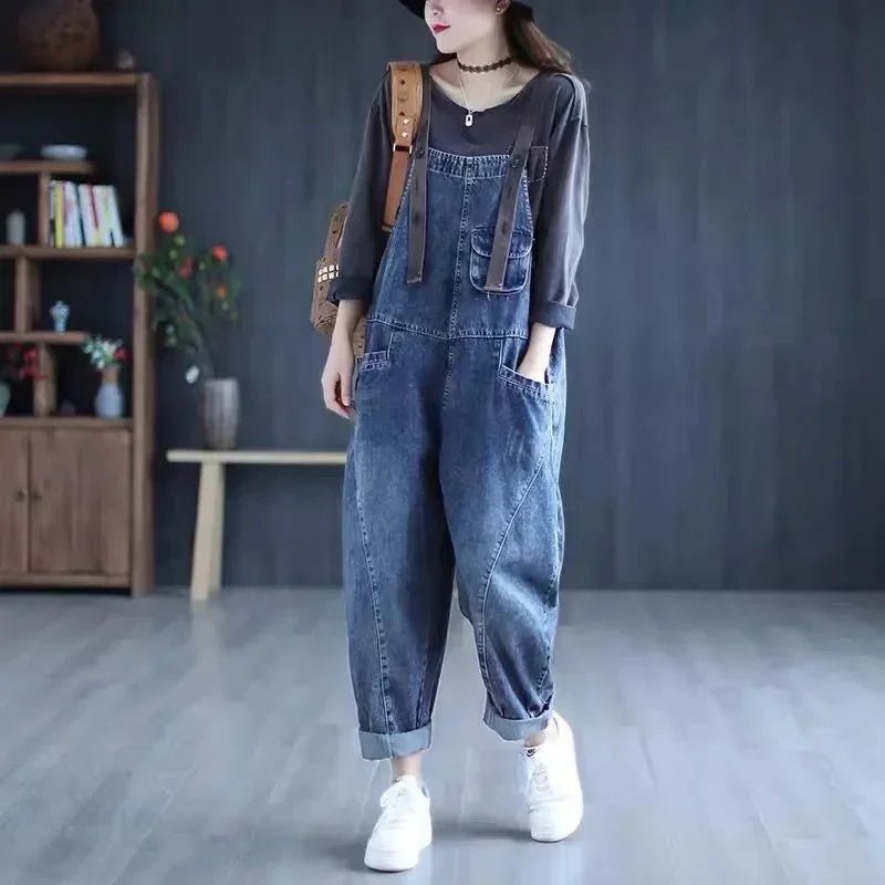 Jumpsuit Women Jeans Rompers New Retro Big Pocket Loose Denim Overalls Fashion Casual Wide-leg Pants Jumpsuits Cloth