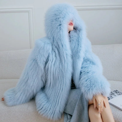 Fox Fur Coat Women's Winter Fashion Warm 100% Fox Fur Coat Hooded Long Sleeved Sweet Women's Luxury Designer Coat