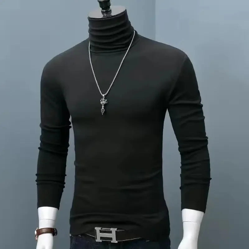 Slim Fit High Collar Long Sleeve Men's Base Shirt Inner Wear Simple Pure Color Large Size Warm Autumn Winter T-shirt Trendy Bran