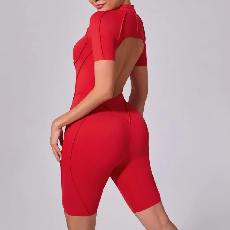 Seamless Yoga Jumpsuits Sports Fitness Zipper Hip-lifting Short-sleeved Backless Dance Workout Gym Shorts Bodysuits for Women