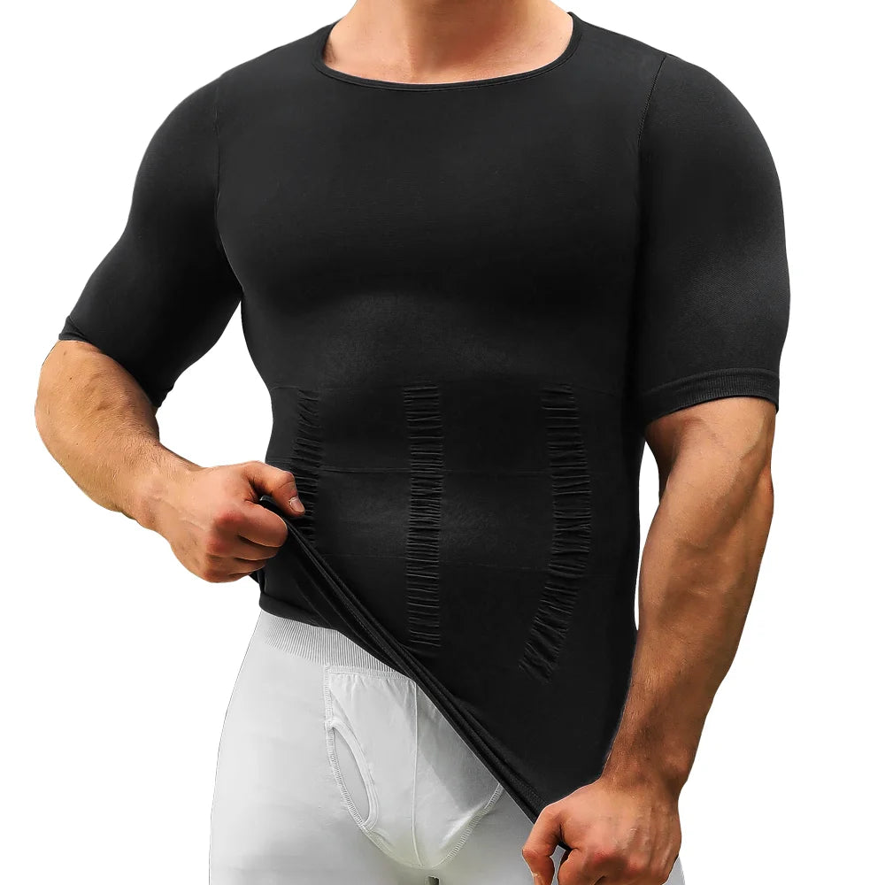 Mens Slimming Body Shaper Short Sleeves Shirts Abs Abdomen Slim Gym Workout Tummy Control Compression Tops Fitness Shapewear