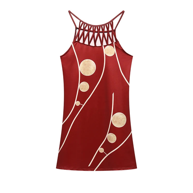 2024 Summer National Wind Positioning Printing Mesh Belt Sleeveless Casual Dress