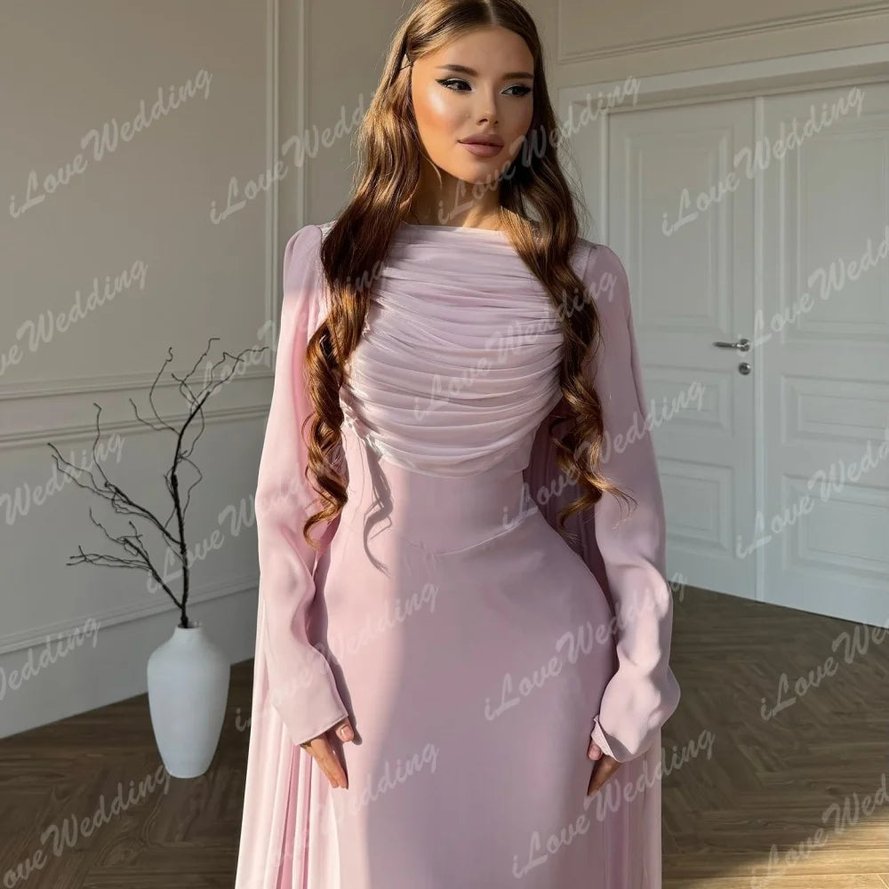 Pink Long Sleeves Mermaid Prom Dresses robes de soirée A-line Pleats Evening Dress Floor-Length Wedding Guest Dress Customized