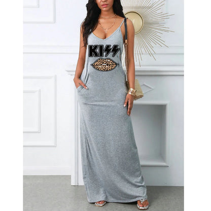 Women's Summer Sexy Suspender Printed Dress Pocket T-shirt Style Mini Dresses Summer Casual Loose Dress Vestidos