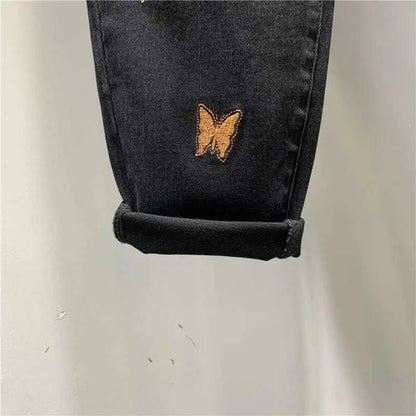 Korean Autumn 2025 New Butterfly Embroidered Denim Radish Loose High Waist Elastic Large Size Cargo Ladies Harlan Pants Women