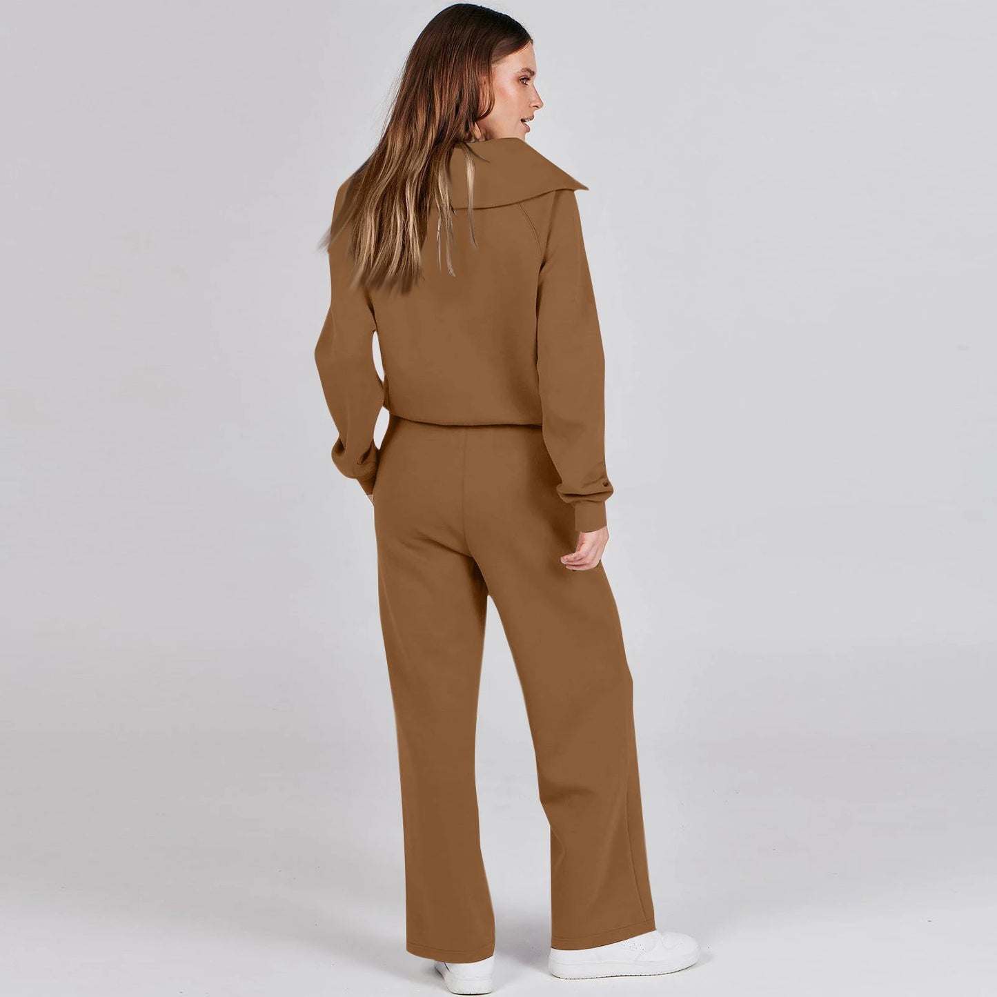 Solid Two-piece set Women Fashion Long Sleeve Zipper Sweater Pullover Tie up Pocket Wide Leg Pant Suit Loose Casual Sport Sets