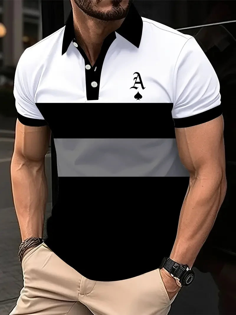 Classic Men's Polo Shirt With Striped Graphic Print Outdoor Casual Short Sleeve Button Top Male Oversized Clothing Golf Polo