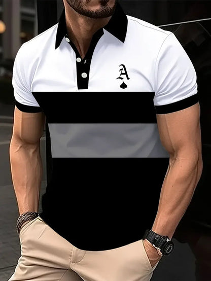 Classic Men's Polo Shirt With Striped Graphic Print Outdoor Casual Short Sleeve Button Top Male Oversized Clothing Golf Polo