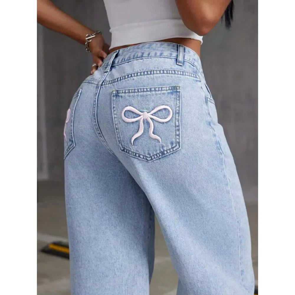 Denim Wide Leg Pants Women Jeans Embroidery High Waist Distressed Washed Mom Pockets Vintage Floor Length Trousers Streetwear