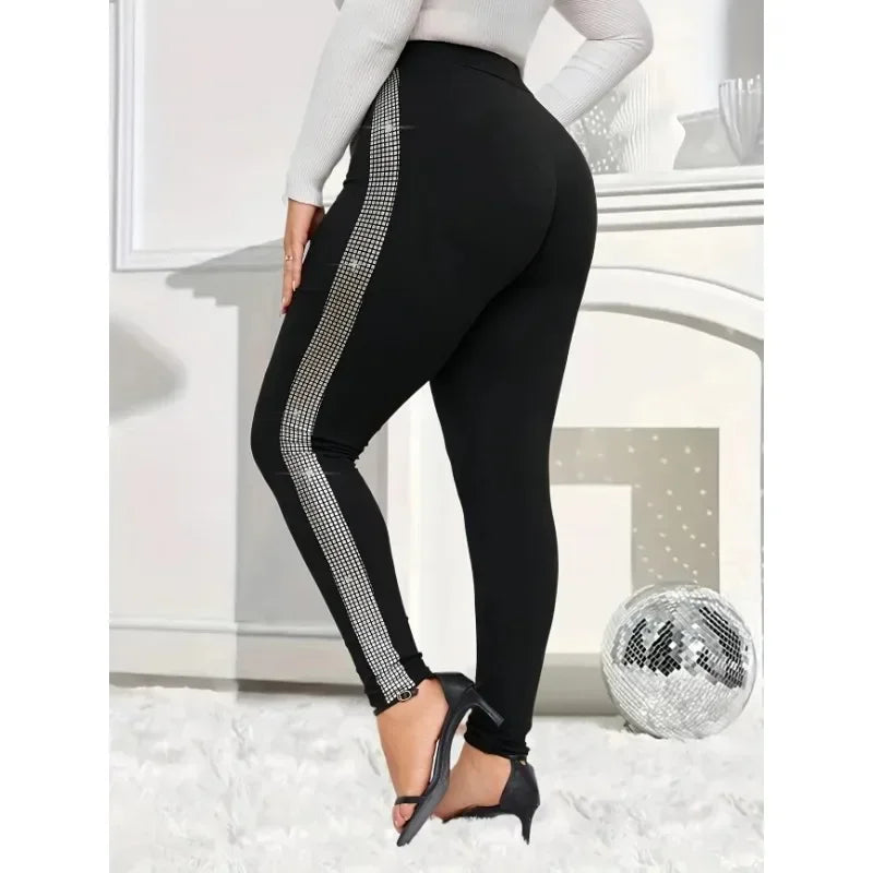 Plus Size New Women's Casual Rhinestone-Trimmed Tight Leggings - Stretchy Solid Color All-Season Machine Washable