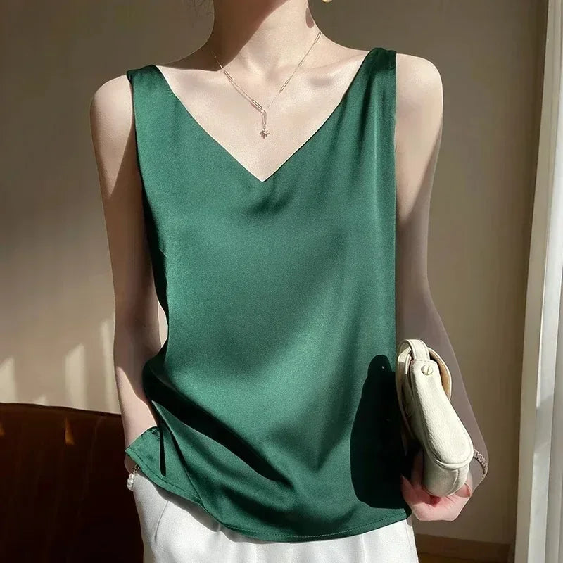 Woman T-shirts Elegant SILK Satin Blouse Sleeveless Female Summer 2026 Casual Loose Tanks and Camis Solid Green Tops for Women