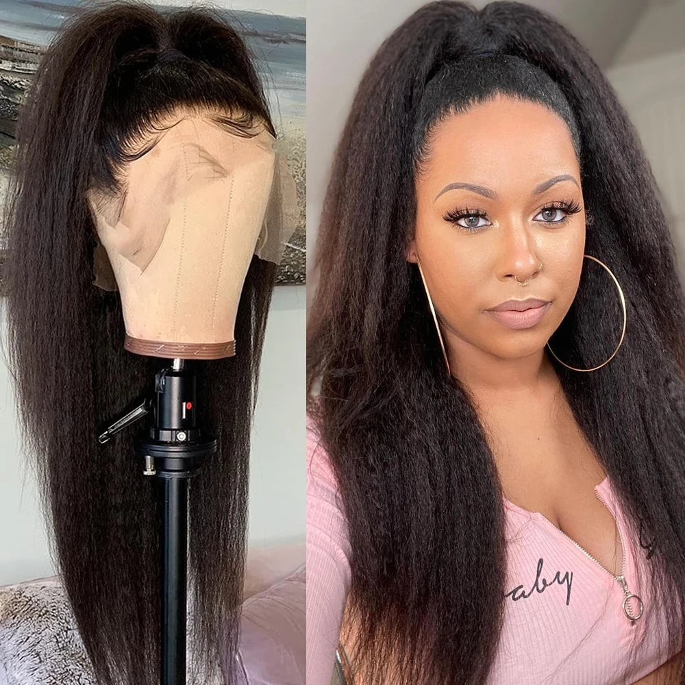 High Density Kinky Straight 360 Lace Front Wigs Human Hair Brazilian 40 Inch Yaki Straight 13x6 HD Lace Frontal Wig Preplucked