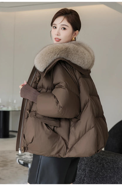 2025 Down Cotton Short Padded Jacket Women Parkas Fur Collar Autumn Winter Thick Coats Female Black Casual Outerwear Clothes