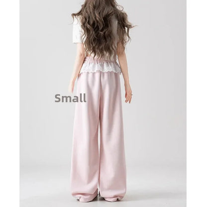 Pink Lace Splicing Design Wide Leg Pants Women's Loose Casual Sweatpants Spring New Style Slimming Effect Comfortable Fit
