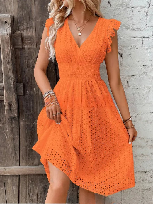 Summer Women V-Neck Beach Dress Flare Sleeve Solid Color Hollow Lace Waist Dress Casual Beach Holiday Dresses