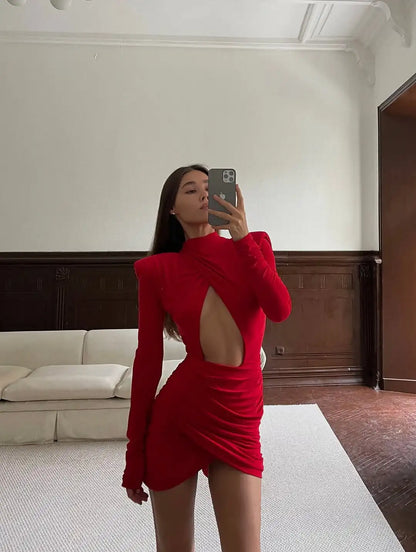 Sexy Hollow-out Pleated Mini Dress Women Fashion Solid Half High Collar Long Sleeve Slim Dresses 2025 Lady Party Club Robes