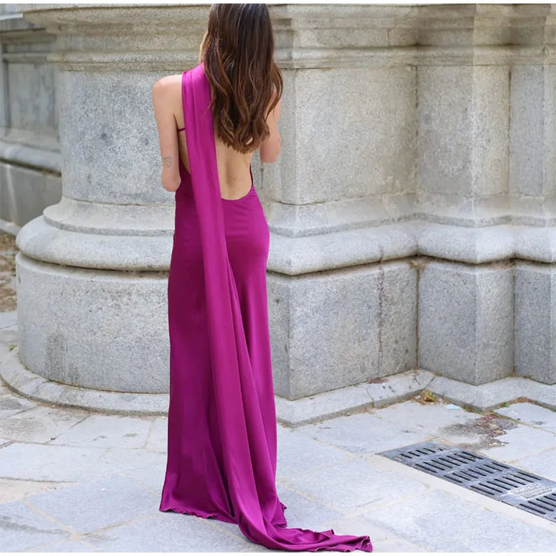 Elegant Ribbon Halter Dress Women Solid Off Shoulder Sleeveless Backless Slim Maxi Dresses 2026 Summer Autumn Party Robes Lady