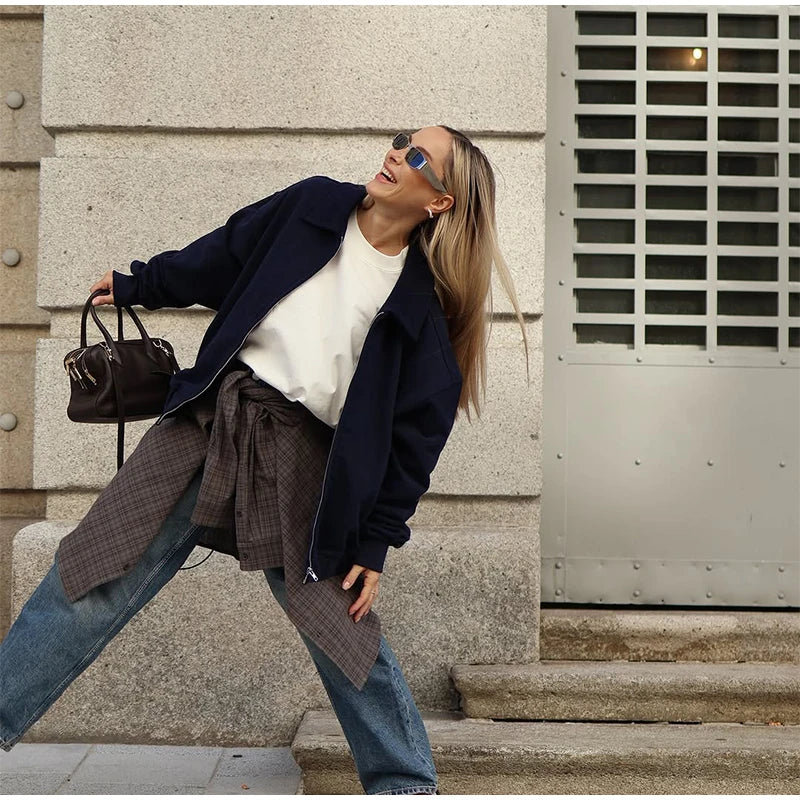 Woolen Zipper Loose Short Jacket Women Long Sleeve Lapel Solid 2025 Autumn Winter Commute Coat Street Office Warm Ladies Outwear