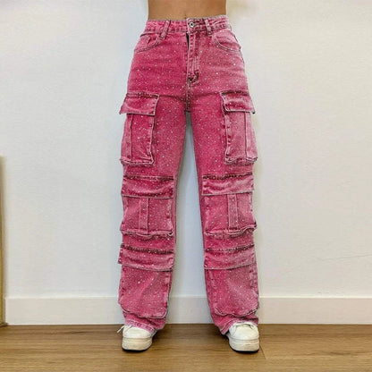 CPSYMYM Bright Drill Women's Work Jeans Chic Multiple Pockets High Waist Button Female Jean  Spring Summer Y2K Lady Streetwear