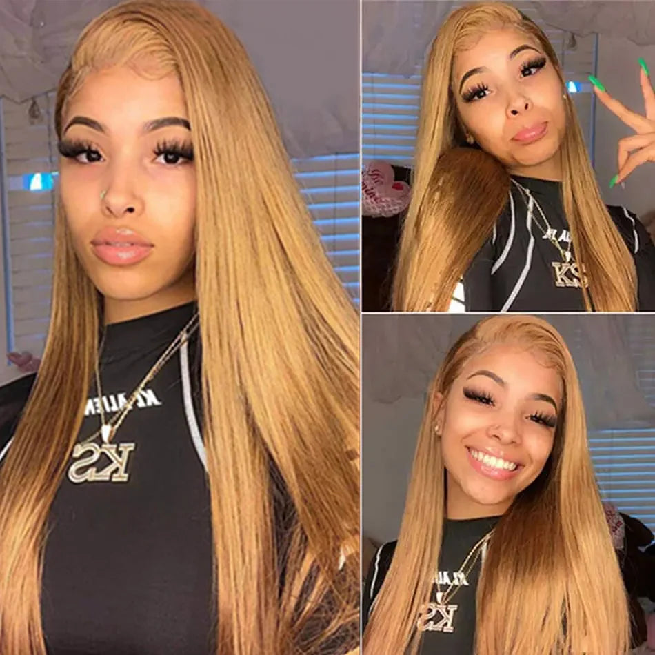 Bone Straight Honey Blonde Wig Human Hair Wigs 13x6 Hd Lace Frontal Wigs For Women 200% Density 27# Colored Lace Front Wigs
