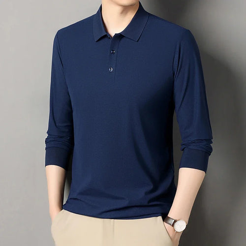 Autumn new men's long sleeved cotton polo shirt, middle-aged business, comfortable, solid color, loose men's lapel T-shirt