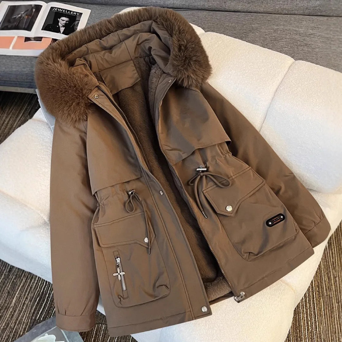 Women Big Fur collar Loose Parka Jacket Lady Medium Long Styles Down Cotton Outwear Winter Female Hooded Cotton Padded Coat