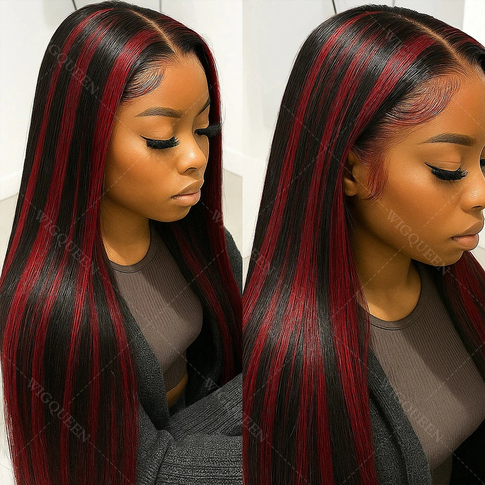 Black With Red Blonde Highlight Bone Straight Wig 5x5 Glueless Wig Human Hair Ombre Burgundy Colored Preplucked Wig Wear and Go