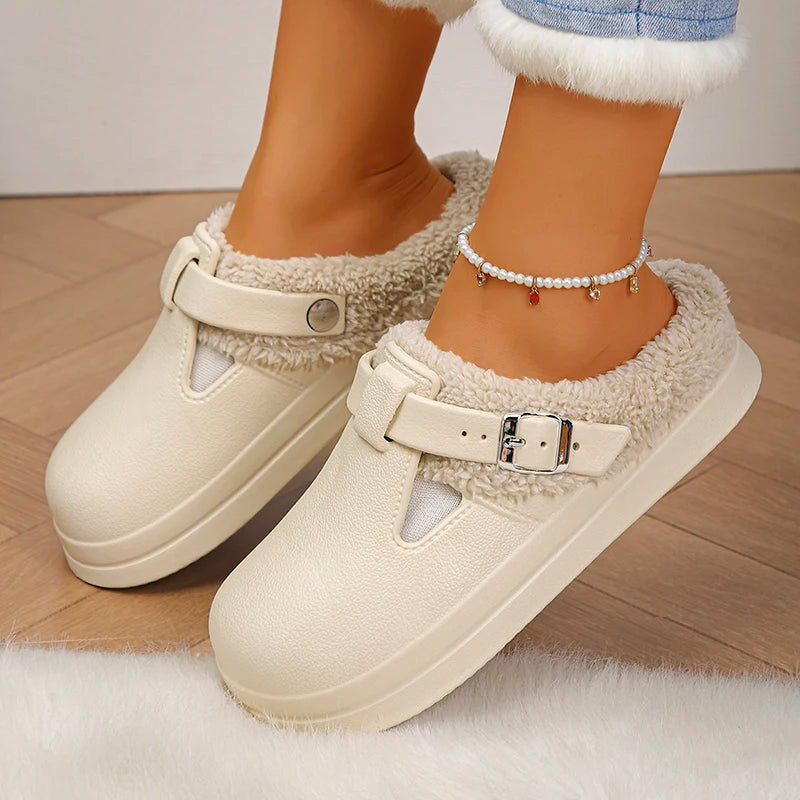 Winter Warm Fluffy Clogs Slippers Women Eva Waterproof Non Slip Home Slides Woman Lightweight Soft Sole Fuzzy Cotton Slippers