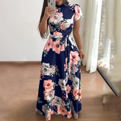 Women's Floral Print Summer Dress - 2025 New Boho A-Line Swing Dress with Short Sleeves, High Waist Flowy Maxi Dress for Beach &