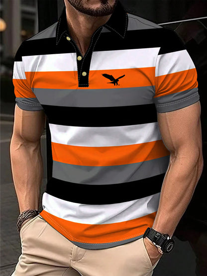 Men's Polo Shirt Summer Outdoor Casual Round Neck Short Sleeve Top Striped Printed Style OverSize T-shirt Loose Men's Clothing