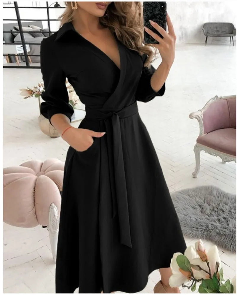 Spring Autumn Fashion Office Ruched Dress Long-sleeved V-neck Red Black Blue Bag Hip Dress Women's Clothing Dress for Women