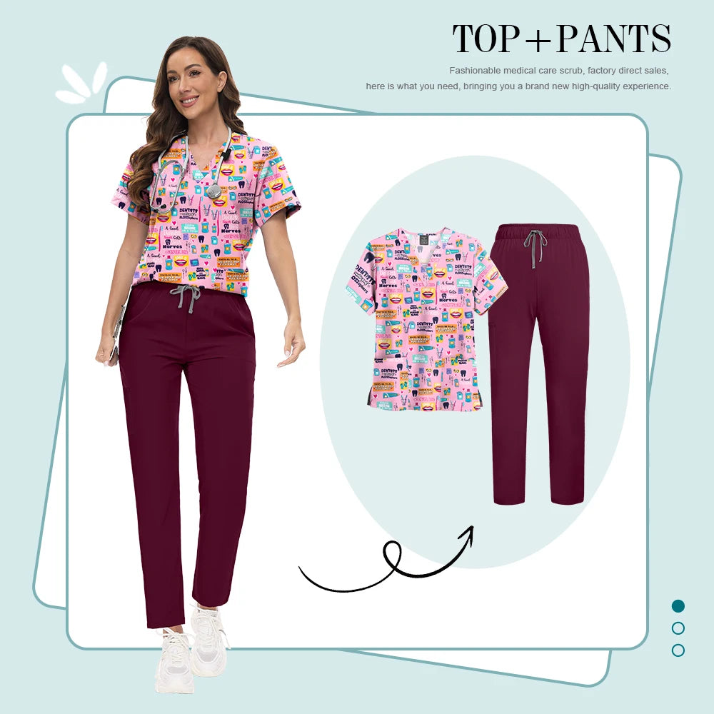 Scrubs Uniforms Sets High-quality Medical Scrub Multicolor Animal Printed Women Scrub Tops Medical Scrubs Uniform Nurse Lab Wear