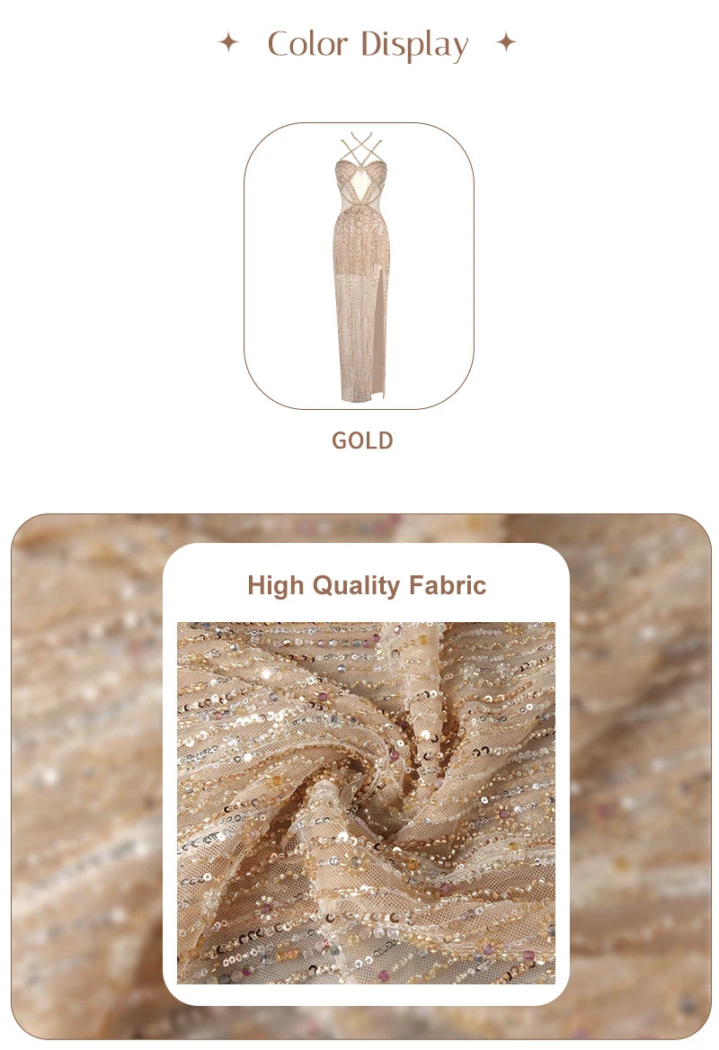 Sexy Gold Sequin Evening Dresses for Women – Luxury Crystal Beaded Prom Dress with High Slit Formal Party Mermaid Gown for Gala