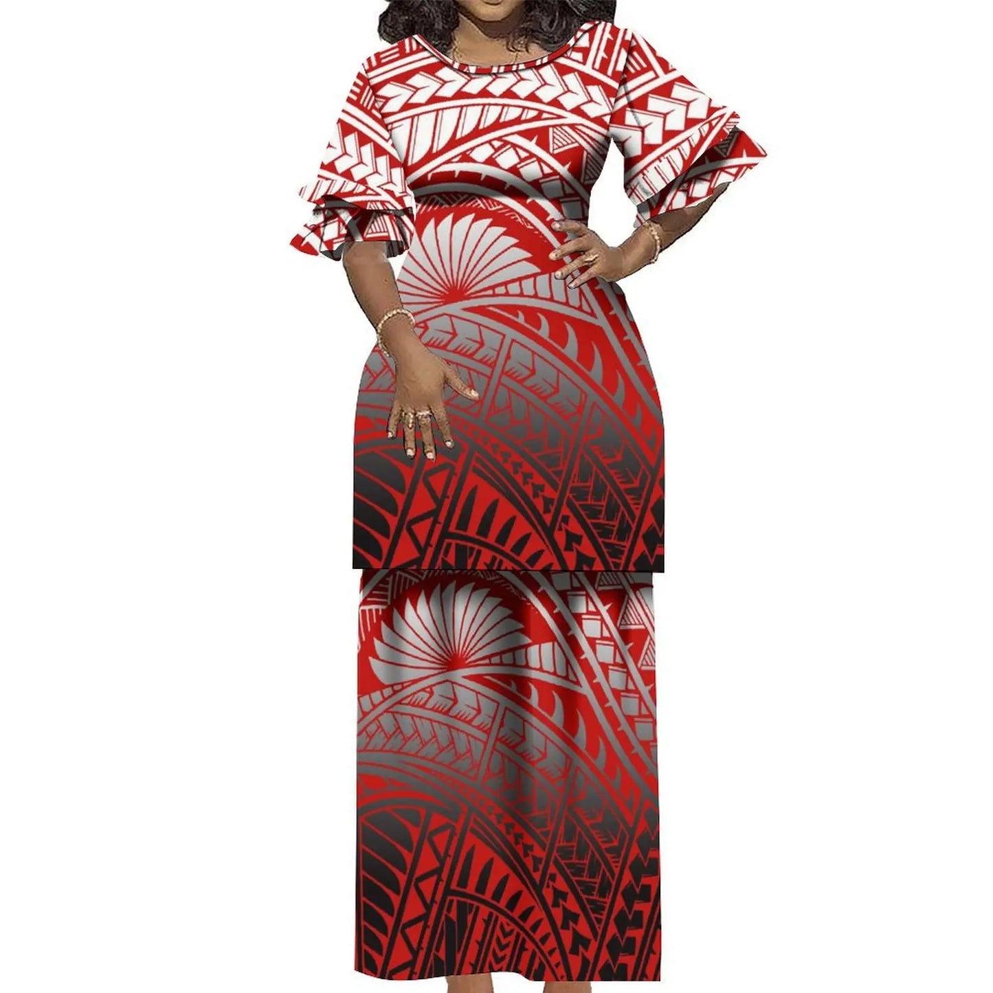 Plus Size Women 2 Piece Outfits Sets Dress New Wholesale Custom Polynesian Tribal Design Petal Sleeve Samoan Puletasi Set
