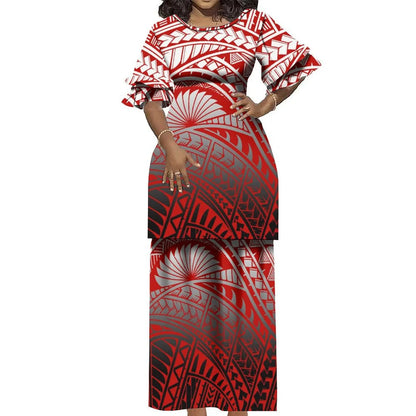Plus Size Women 2 Piece Outfits Sets Dress New Wholesale Custom Polynesian Tribal Design Petal Sleeve Samoan Puletasi Set