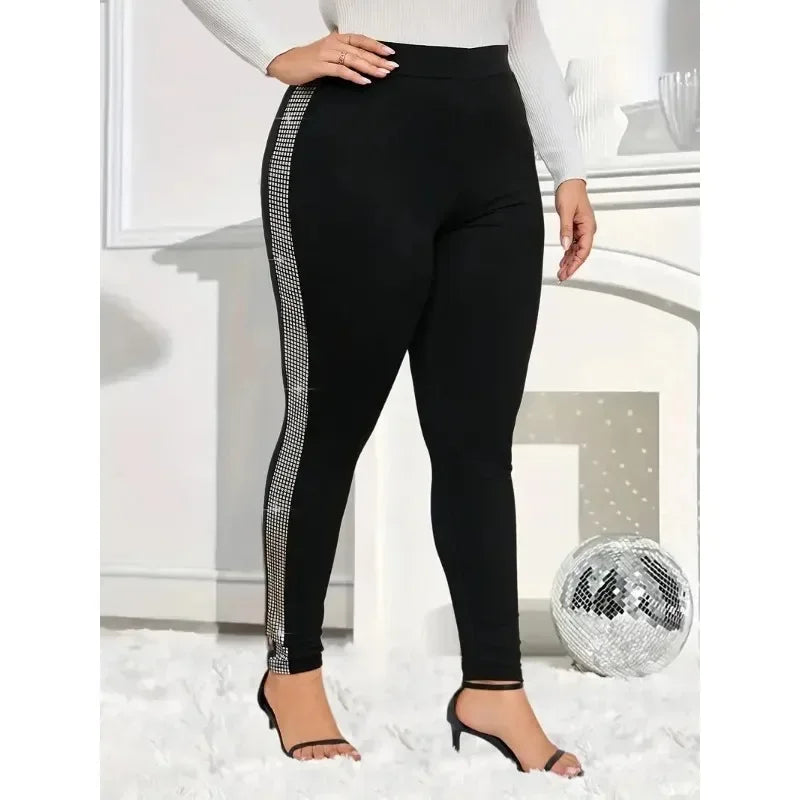 Plus Size New Women's Casual Rhinestone-Trimmed Tight Leggings - Stretchy Solid Color All-Season Machine Washable