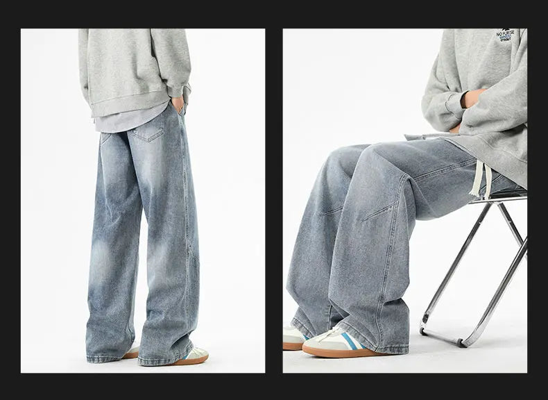 2025 Hip-hop Baggy Denim season elastic waist New Korean Men's Jeans American Loose Fit Wide-leg Straight Casual Trousers Street