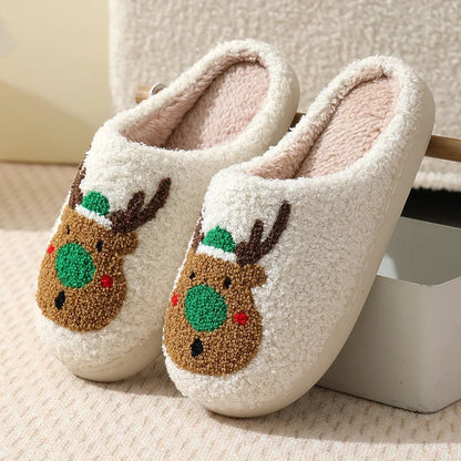 Christmas Elk Warm Cotton Slippers Women Winter Comfortable Home Slides Cute Furry Reindeer Warm Plush Sandals for Men Women