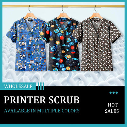Hot Sales V-Neck Printed Scrub Tops for Women Men Nurse Uniform 100% Cotton Breathable Scrubs Uniforms Medical Blouses Wholesale
