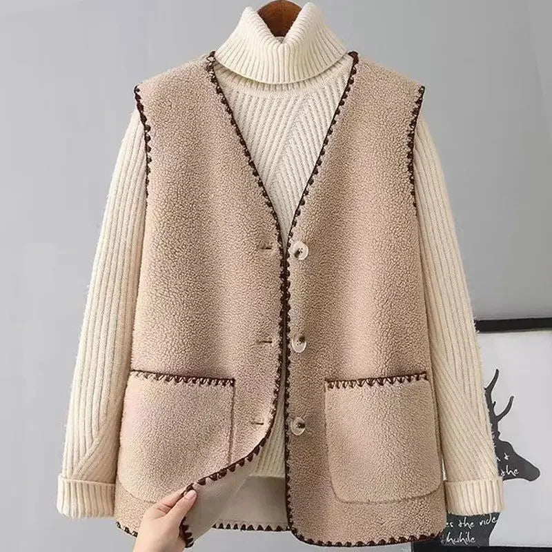Fashionable Integrated Women's Vest Double Layer Flocking Vest Autumn/Winter Style Jacket Crew Neck Design For All Seasons