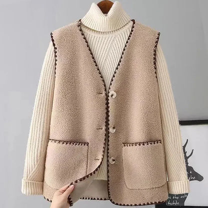 Fashionable Integrated Women's Vest Double Layer Flocking Vest Autumn/Winter Style Jacket Crew Neck Design For All Seasons