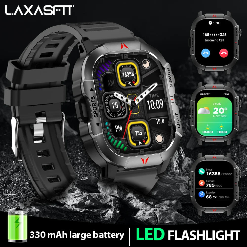 LAXASFIT New Smart Watch 2.01 Display Men Sports Watch LED Flashlight Bluetooth Call Health Monitor IP68 Waterproof Smart Watch