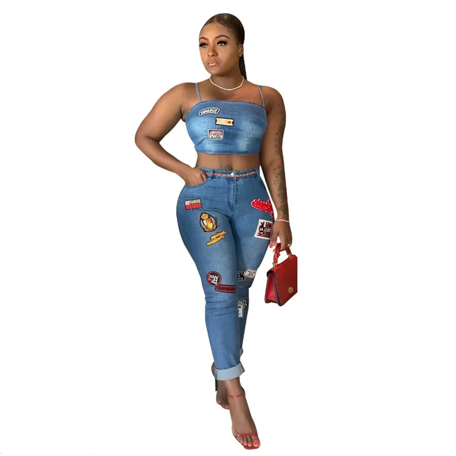 Jeans Outfits 2025 & 2026 Women Clothes Sets 2 Piece Birthday Party Club Sexy Crop Top and Pants Denim Two Piece Mathcing Set