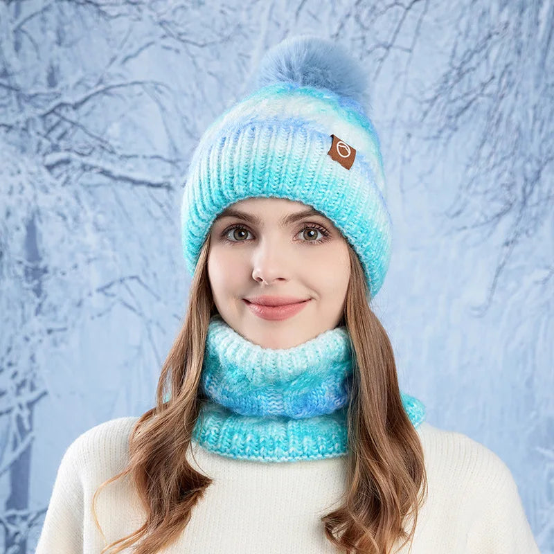 Winter Lady Warm Hat Scarf Two-piece Set Fleece Thickened Gradual Change Color Knitted Skiing Hat Fashion Pullover Hat for Women