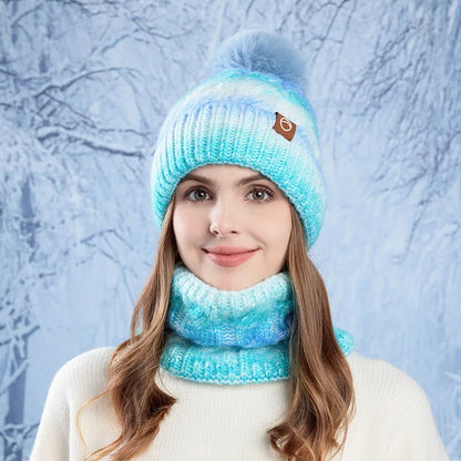 Winter Lady Warm Hat Scarf Two-piece Set Fleece Thickened Gradual Change Color Knitted Skiing Hat Fashion Pullover Hat for Women