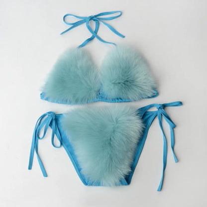 Summer Women Fake Fox Fur Sexy Halter Solid Color Bikini Set Swimsuits Triangle Sexy Bikini Set Faux Fur Swimsuit Plush Swimwear