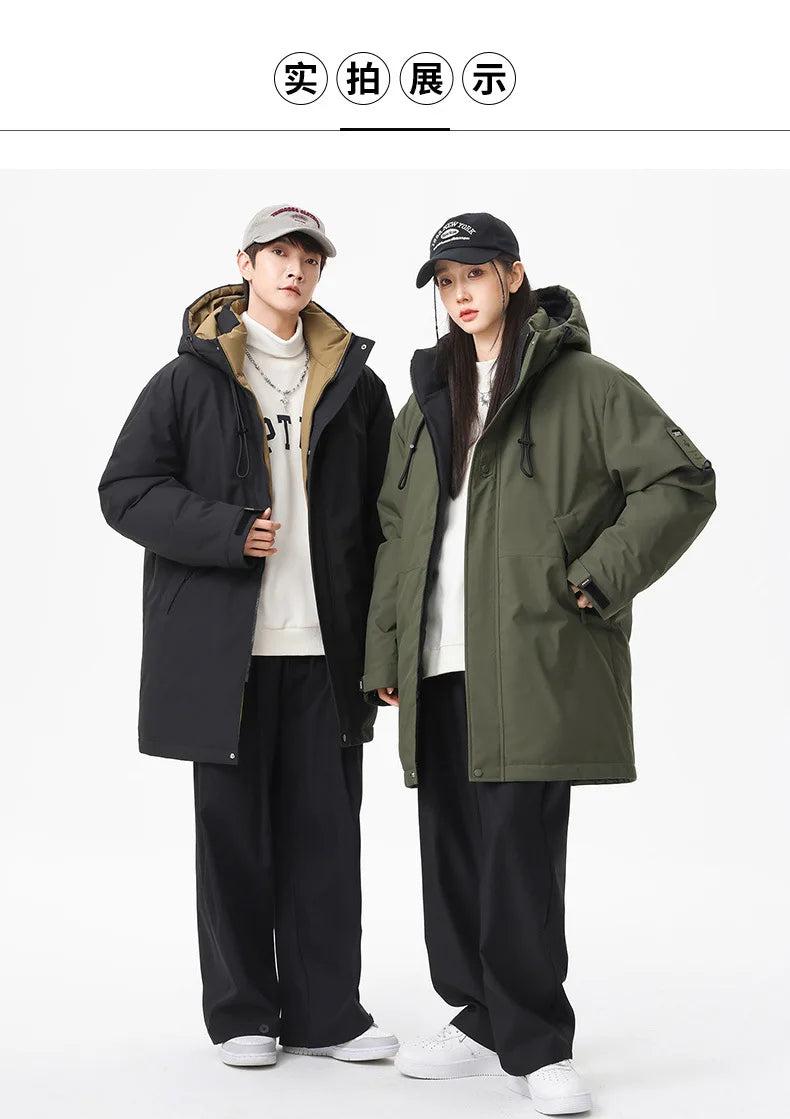 Winter new style cotton coat for men 2026 snap-closed hooded jacket neutral style mid-length workwear cotton coat for men